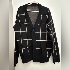 Oak + Fort cardigan, newer, clean, black & tan strips, white on camera. Unisex